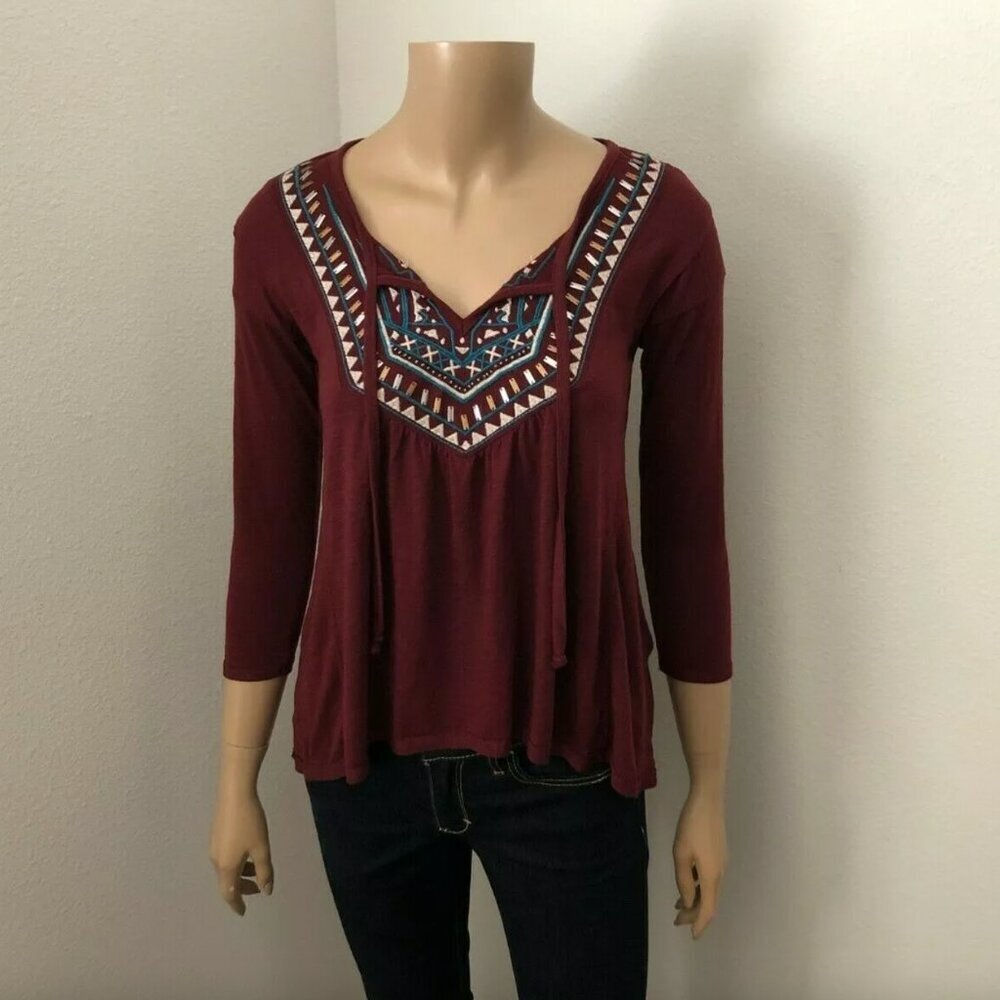 NWT Hollister Womens Shine Embroidered Peasant Top Size XS Shirt Burgundy